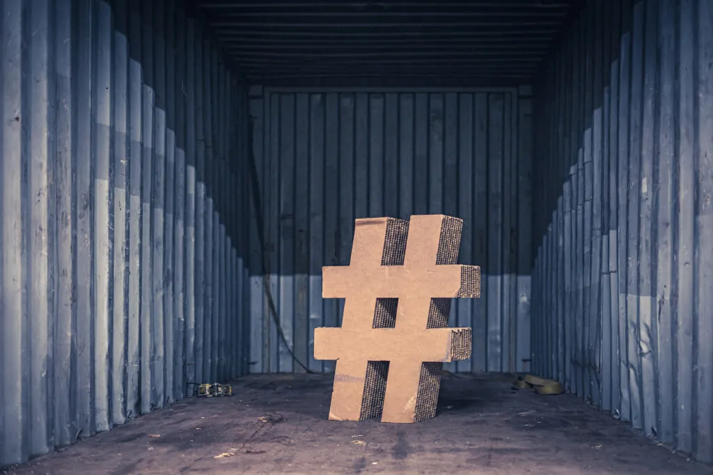 Cardboard model of a hashtag in a freight container