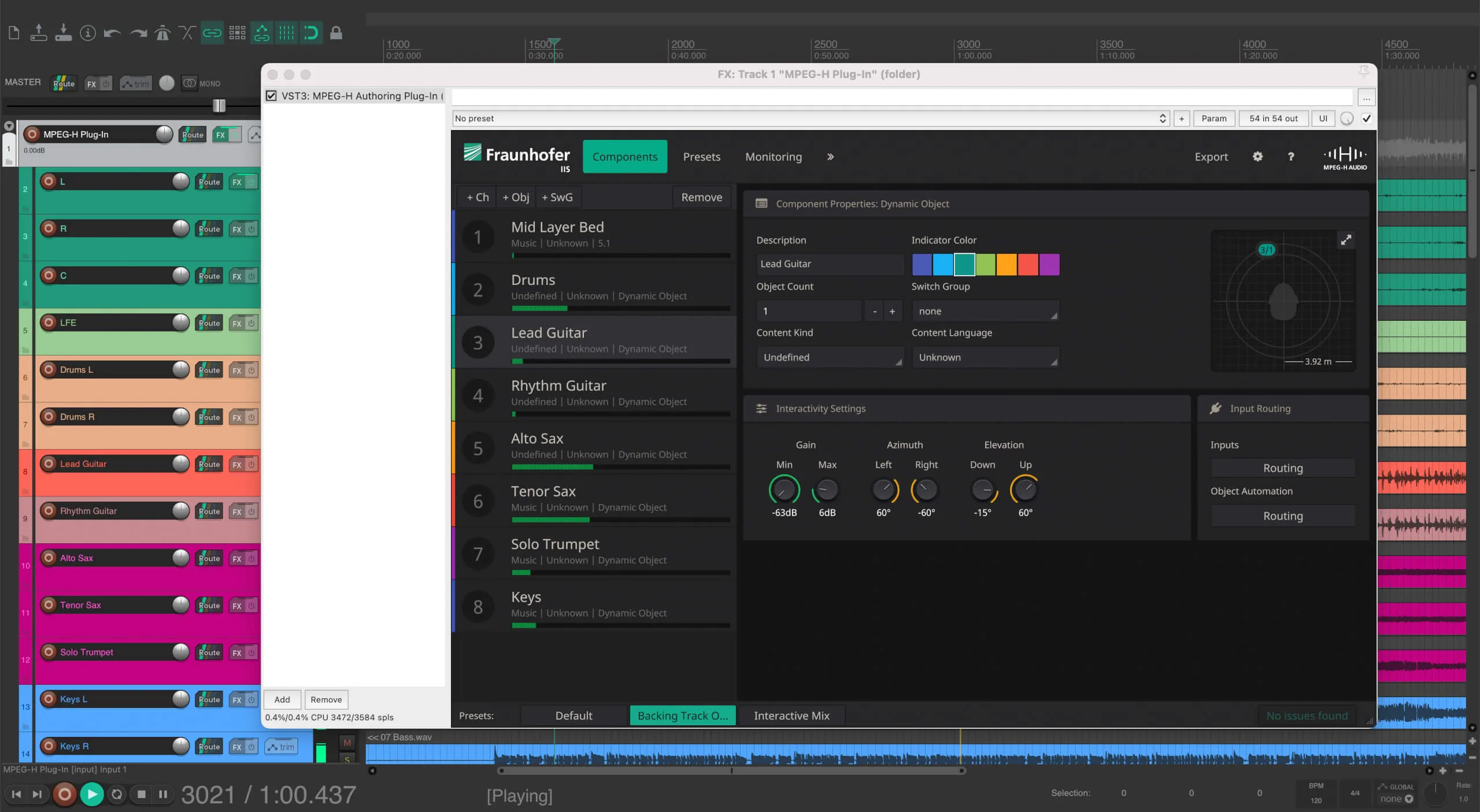Screenshot of the MPEG-H Audio Plug-in showing various meters and settings.